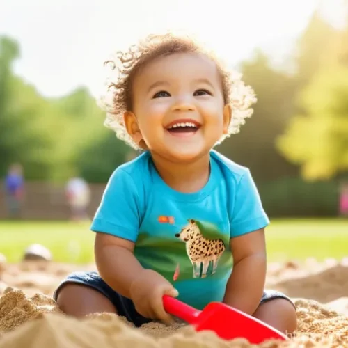 Home 2 메이플스토리 보스별 패턴 공략 - A bright, sunny outdoor scene featuring a happy toddler, approximately 2 years old, playing in a san...