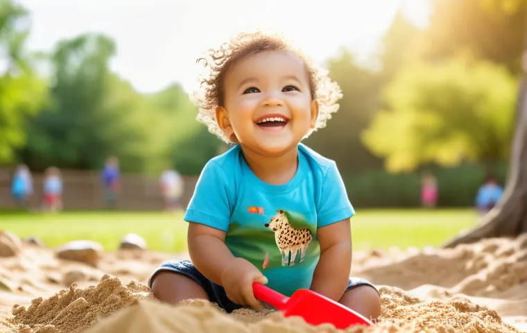 메이플스토리 보스별 패턴 공략 - A bright, sunny outdoor scene featuring a happy toddler, approximately 2 years old, playing in a san...